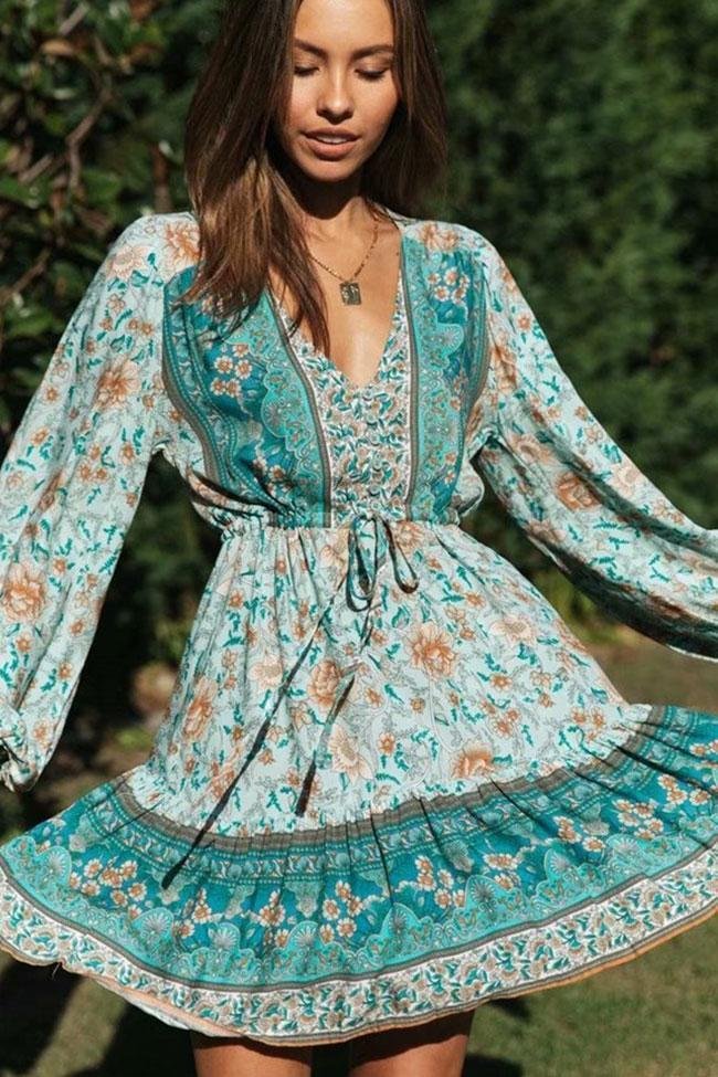 Flattering Bohemian Print Button Front V Neck Midi Dress-elleschic