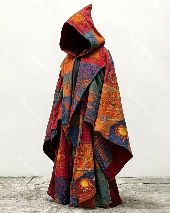 Men's Summer Fashion Hippie Style Star and Moon Embroidered Linen Cardigan Hooded Cape  1760
