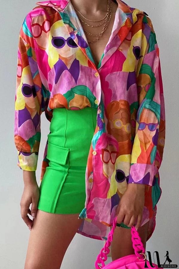 MidiSono - Cartoon Character Avatar Print Fashion Blouse