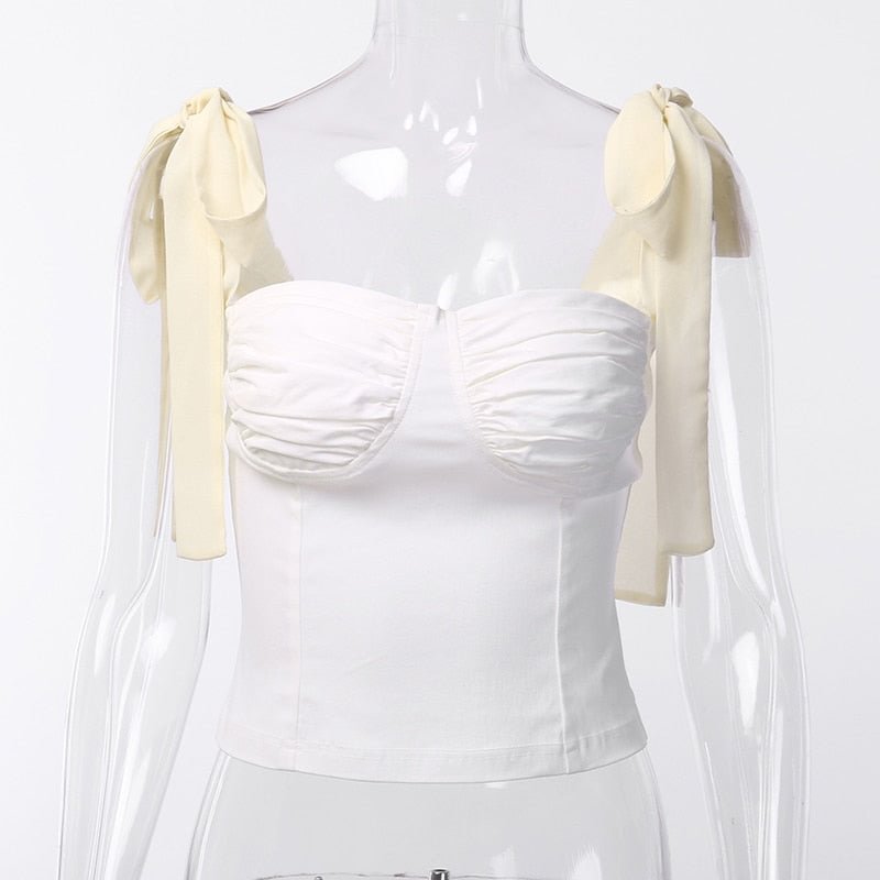 WannaThis Spaghetti Strap Slash Neck Chiffon Camisole Women Sleevesless Casual Camisole Ruffles Backless BOW Bandage Crop Top