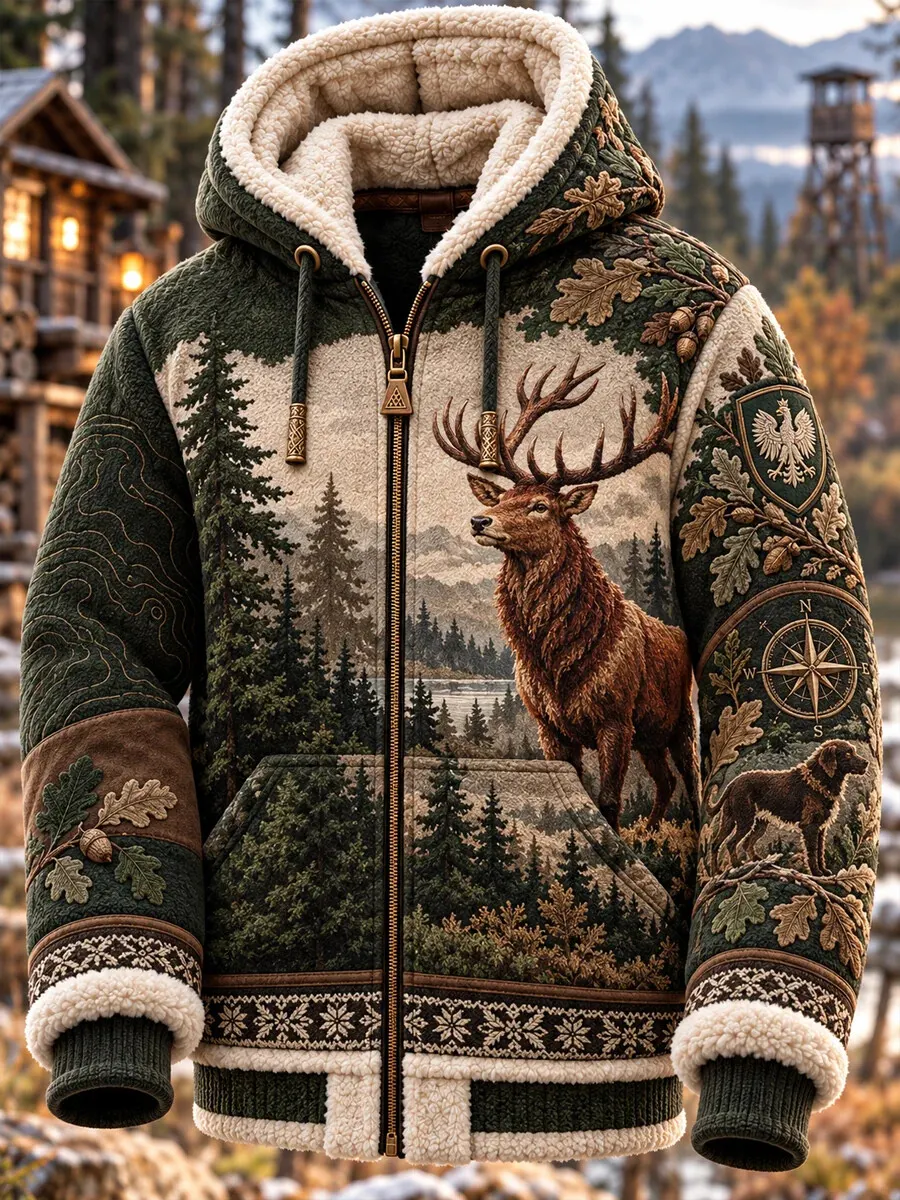 Men's Hunting Season Stag Hound Forest Scenery Print Hooded Jacket