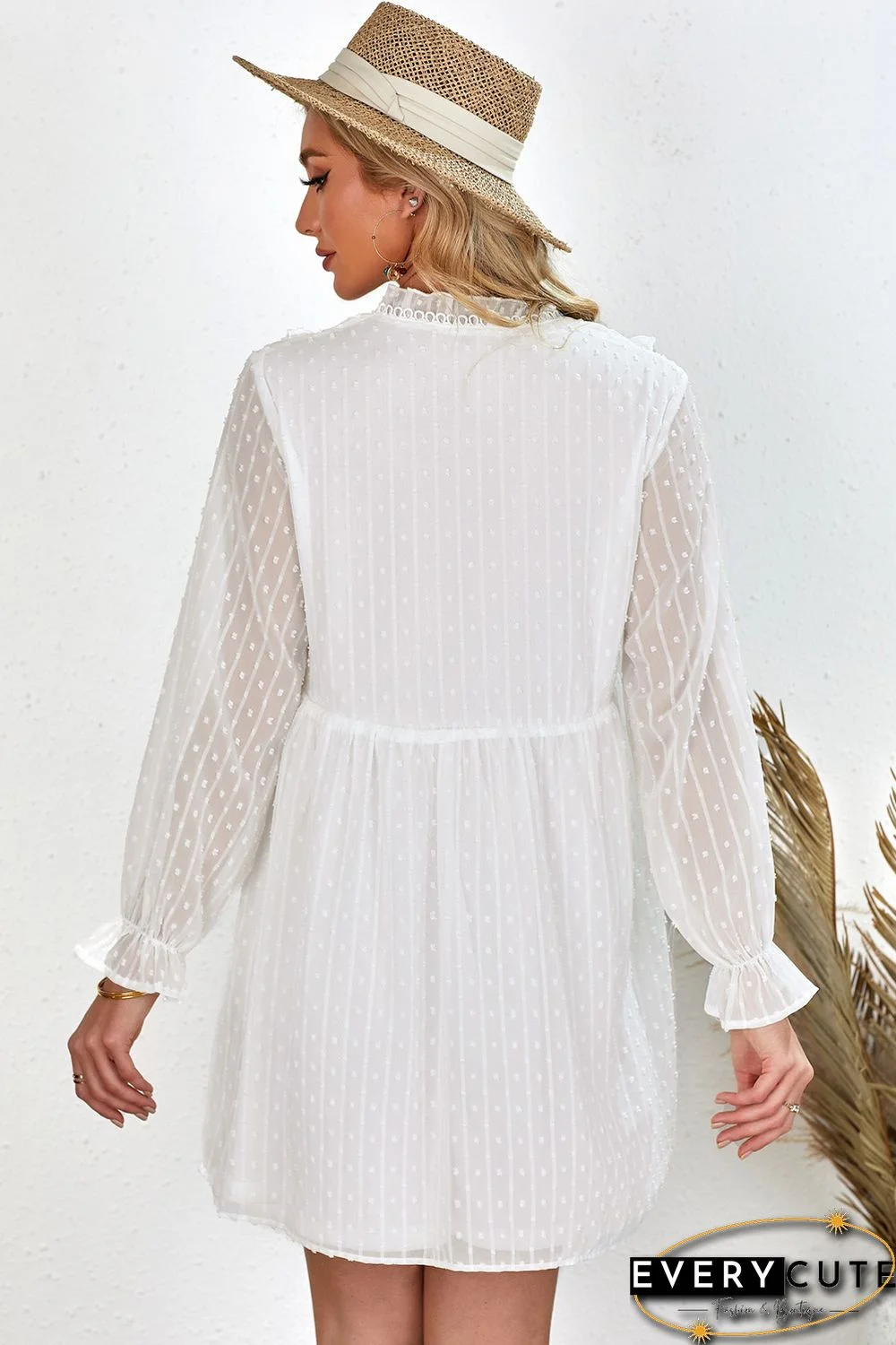 White Swiss Dot Ruffle V Neck Mini Dress