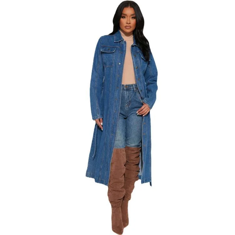 Women's Long Denim Coat Autumn/Winter Loose Denim Cloak (Including Belt)