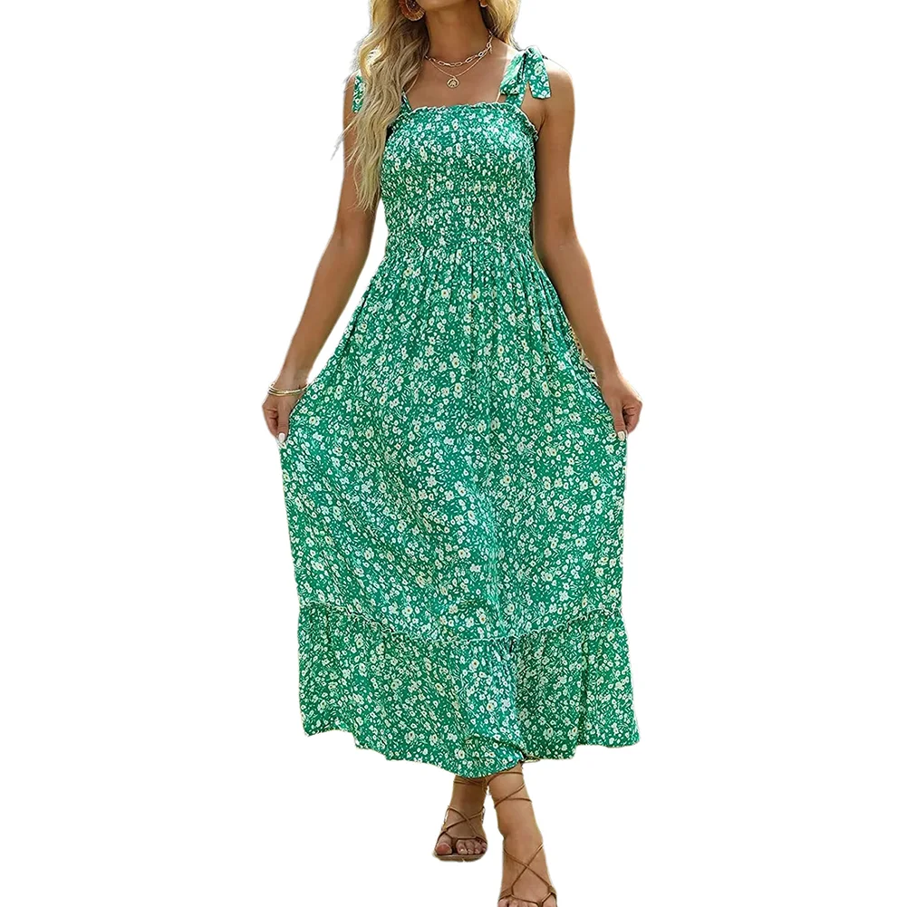 Green Smocked Floral Print Boho Maxi Dress