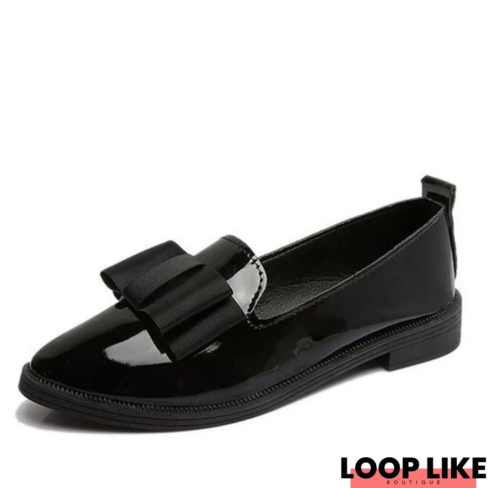 Women Bowtie Loafers Patent Leather Elegant Low Heels Slip On Flats Shoes