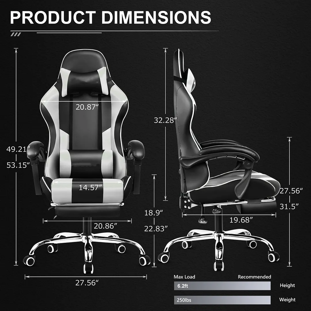 Gaming chair with 360&deg; swivel seat, height-adjustable footrest and lumbar support