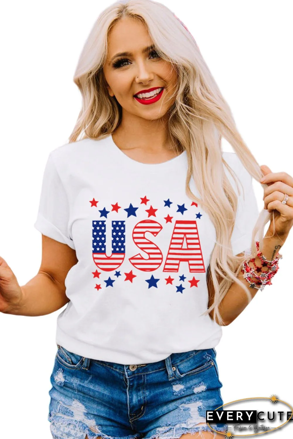 White Crewneck Stars and Stripes USA Graphic Tee
