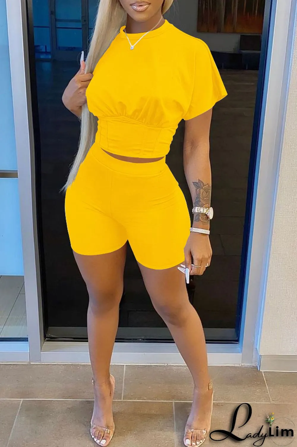 Yellow Casual Solid Split Joint O Neck Short Sleeve Two Pieces