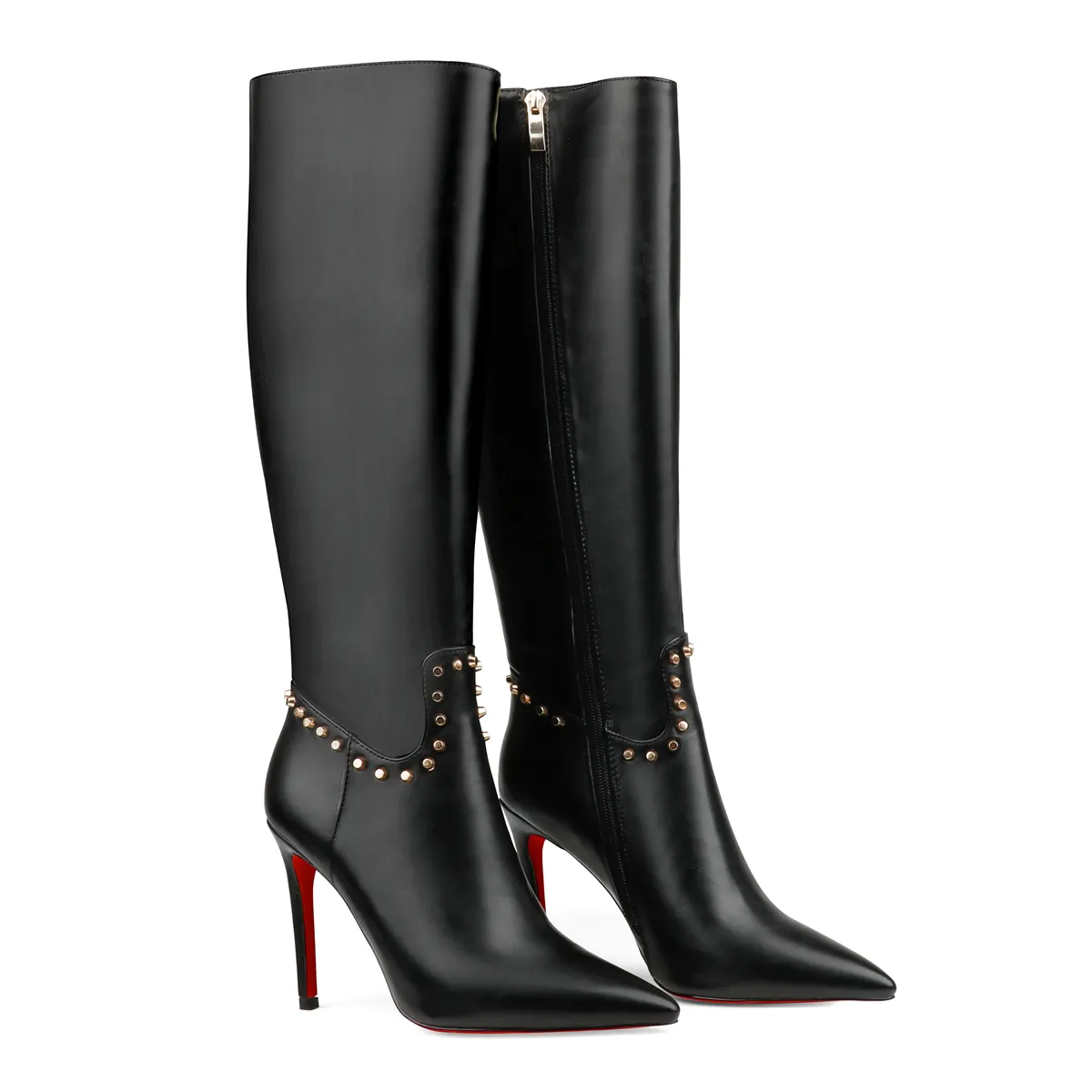 100mm Fashion Zipper Leather Red Bottoms High Heels Knee Boots-vocosishoes