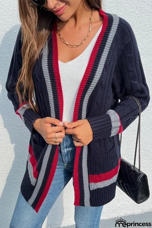 Open Front Striped Long Sleeve Cardigan