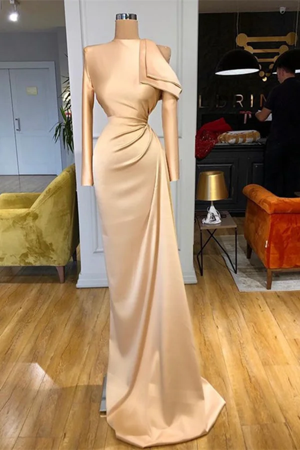 Lvs&Broner Charming High Neck Champagne Prom Dress Mermaid Long Sleeves With Pleated