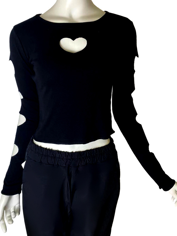 Gothic Dark Punk Heart Cutout Long Sleeve Crew Neck Top