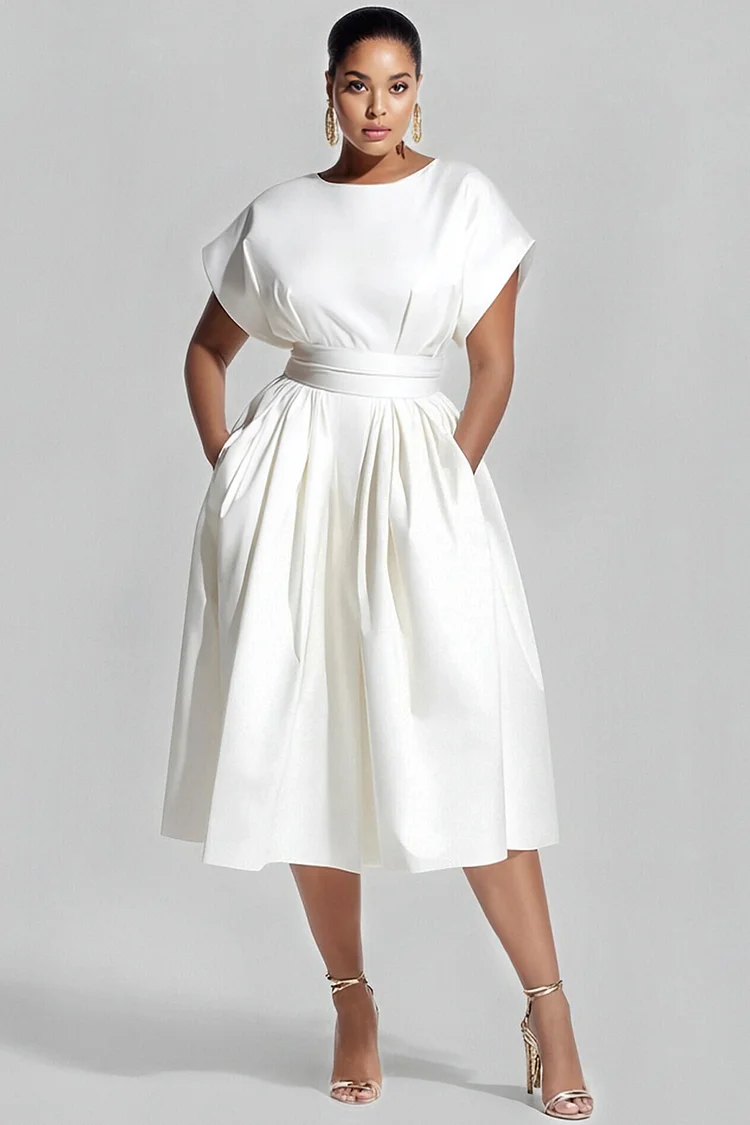 Xpluswear Design Plus Size Daily White Round Neck Short Sleeve Pocket Midi Dresses [Pre-Order] 2024 - Xpluswear