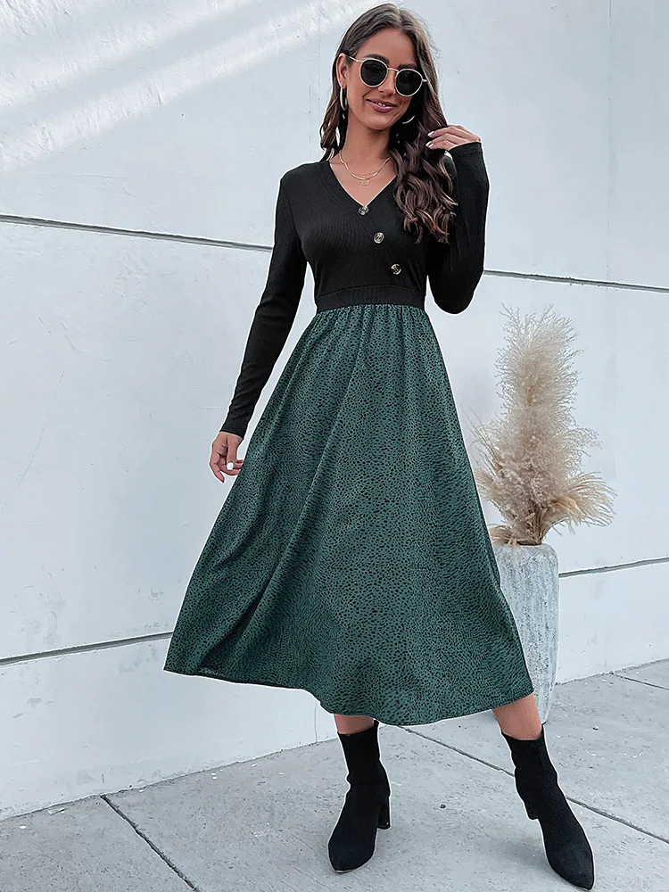 Women's Long Sleeve Panel Solid Floral Print Casual Midi Dress