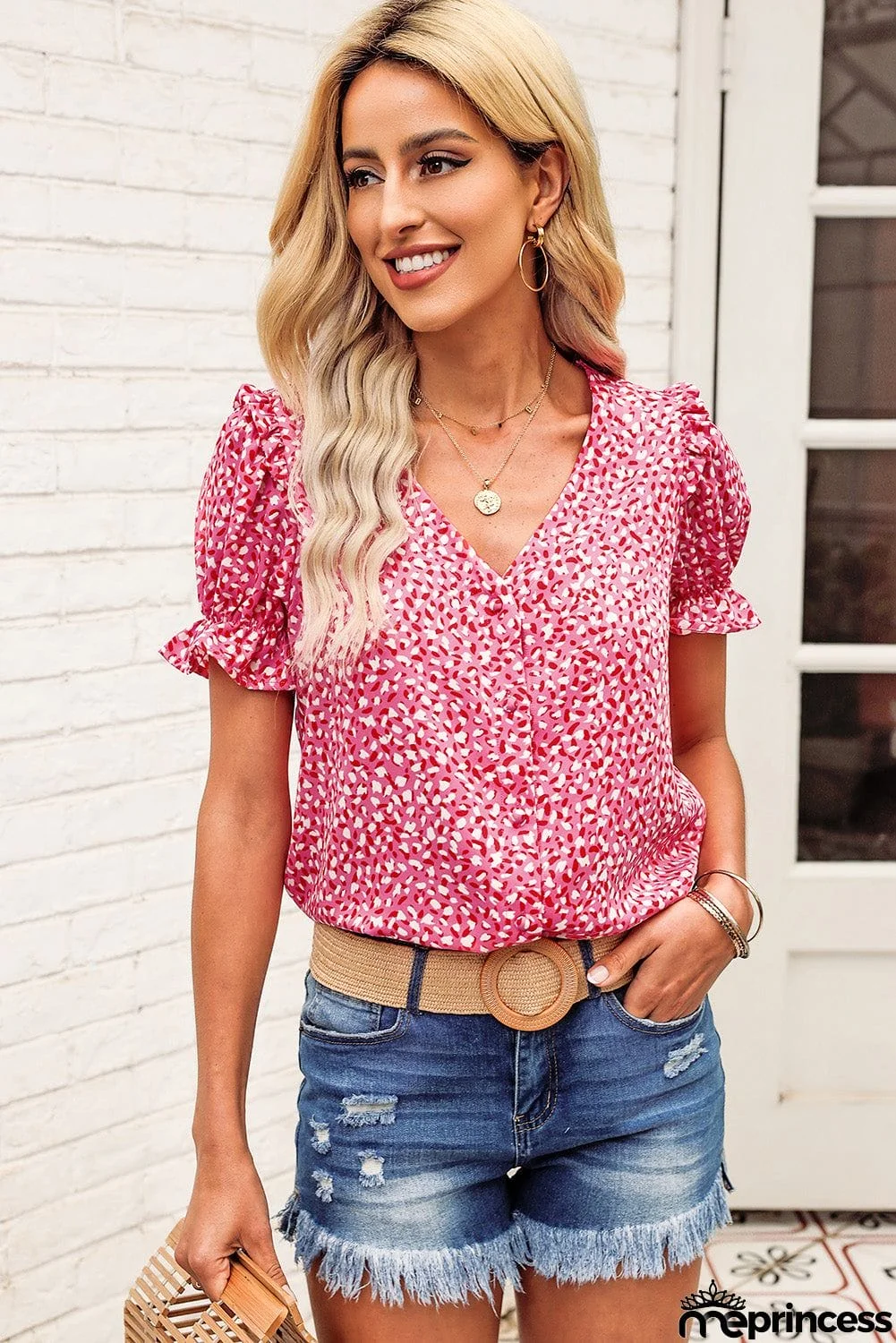 Printed Flounce Sleeve Plunge Blouse