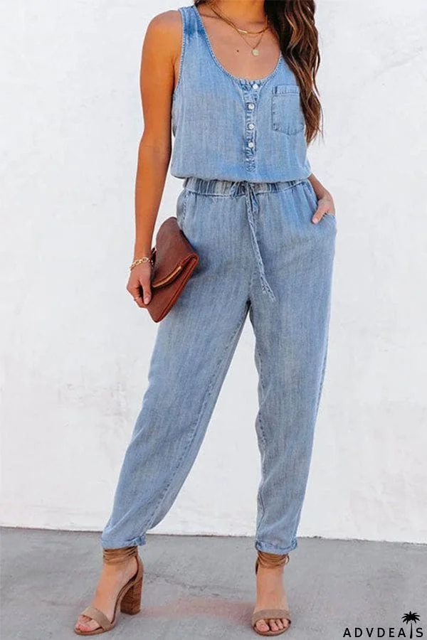 Drawstring Waist Distressed Denim Tank Jumpsuit