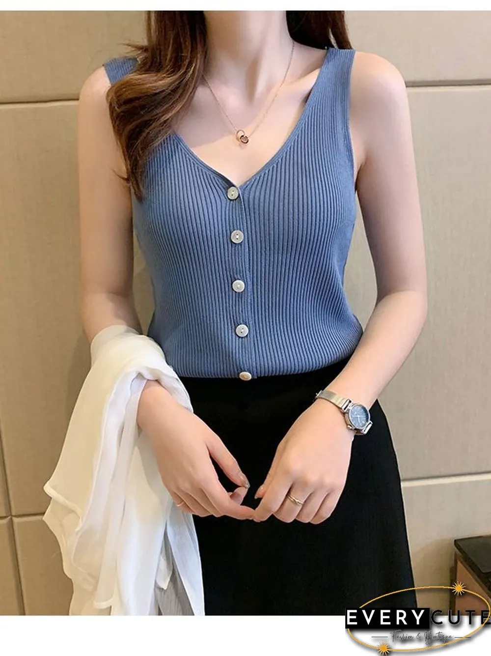 Heliar Women Summer Button Up Casual Tank Tops Plain Knitted Tops Women V-Neck Tops Summer Women Cloth