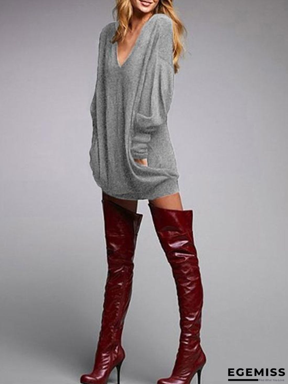 Autumn Fashion Solid Color V-neck Long Sleeve Sweater Tops | EGEMISS