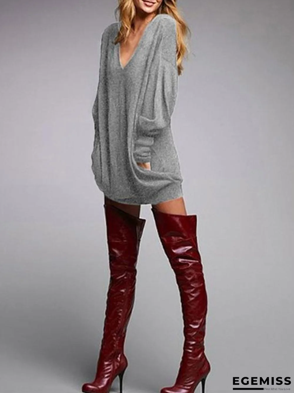 Autumn Fashion Solid Color V-neck Long Sleeve Sweater Tops | EGEMISS