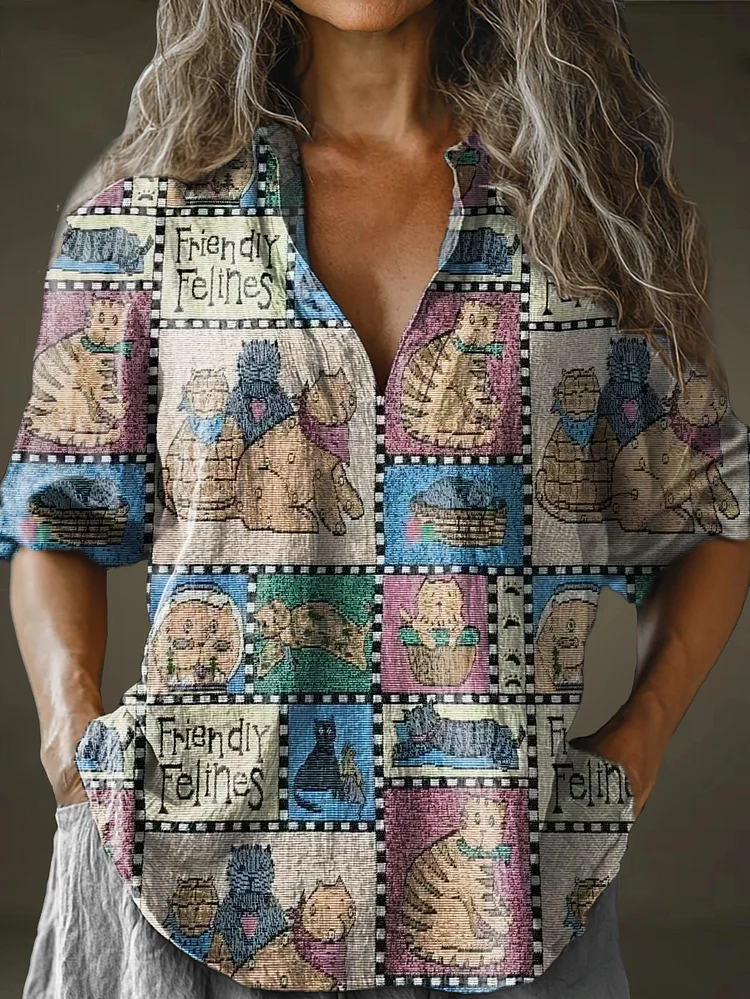 Women's Vintage Animal Art Pattern Print Long Sleeve Comfortable Cotton And Linen Shirt