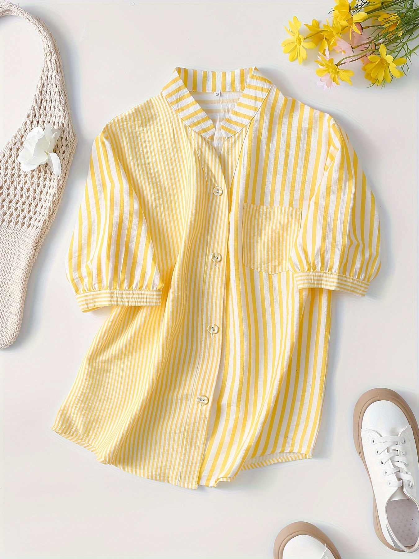 Women's Casual V-Neck Shirt With Stripes And Pockets, Rayon/Viscose Blend, All-Season Short Sleeve Blouse, Woven Fabric, 100g/M&sup2; - Fashionable And Comfortable | IFYHOME