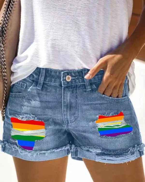 Tie-dye Printed Cuffed Ripped Denim Shorts