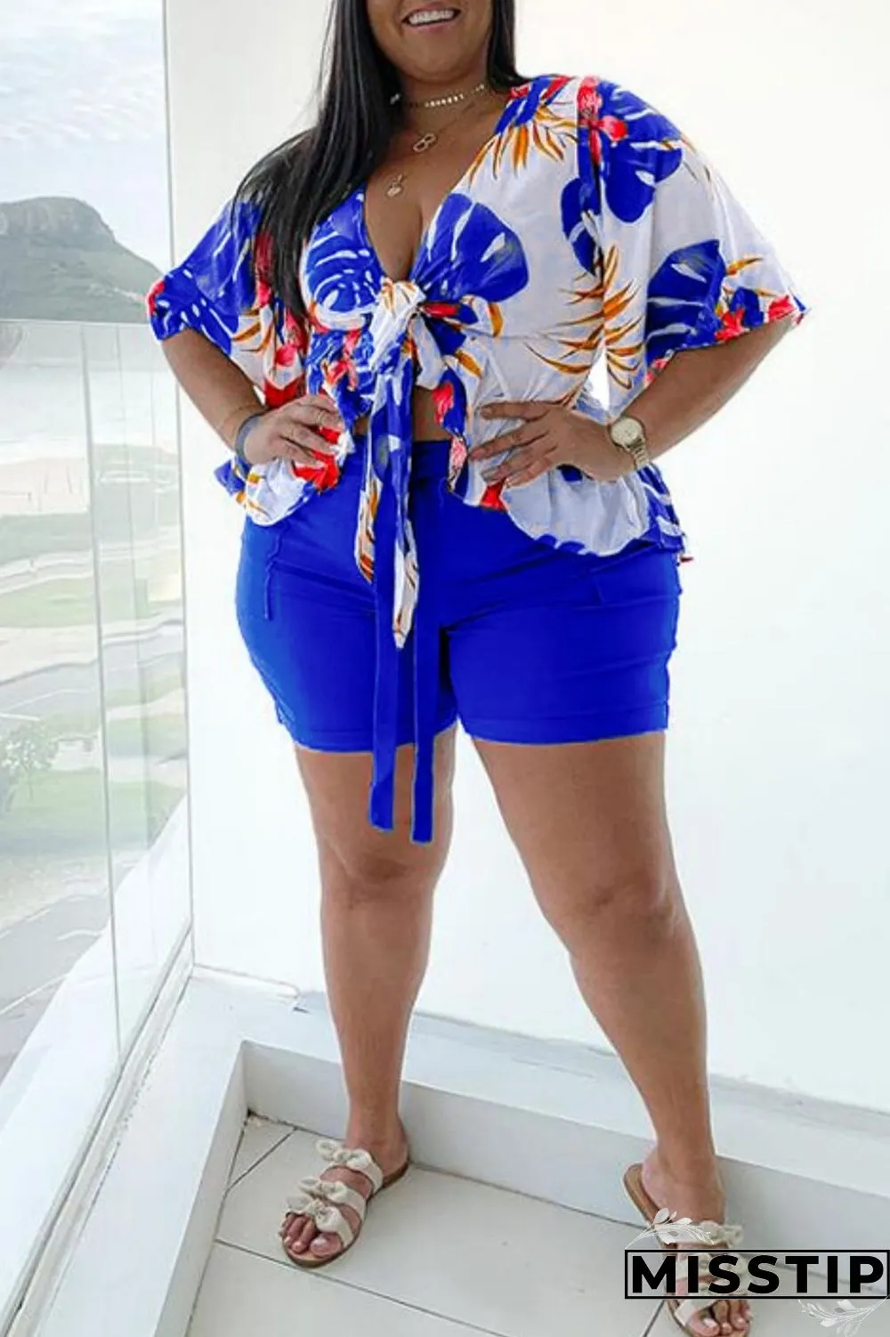 Dark Blue Fashion Casual Print Basic V Neck Plus Size Two Pieces