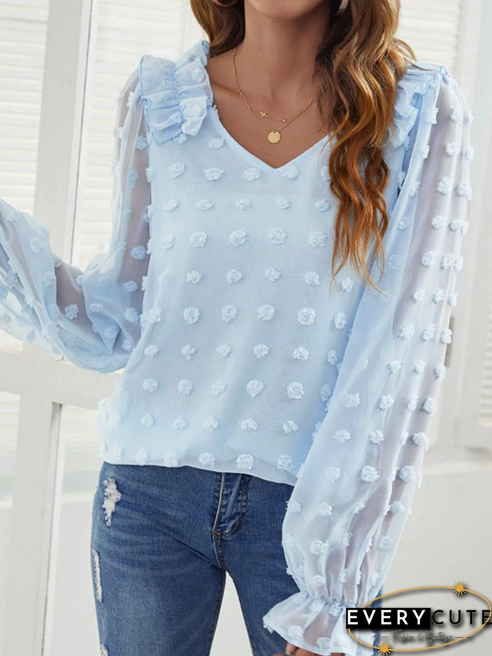 Casual Solid Color Long Sleeve V-Neck Blouse