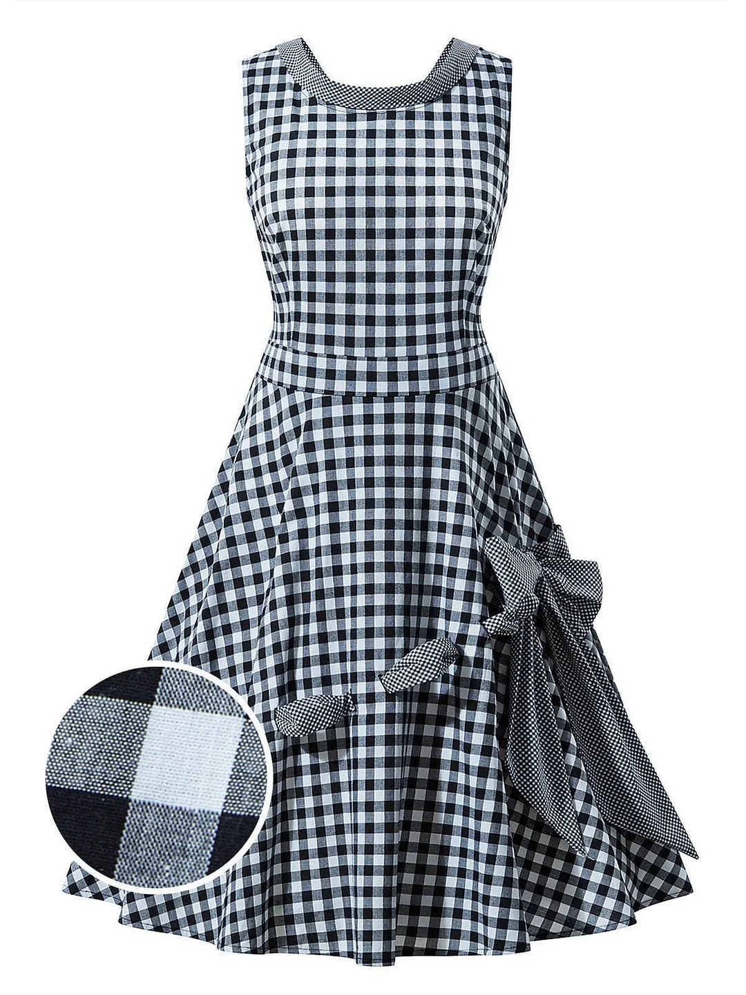 Grey 1950s Plaid Bow Swing Dress