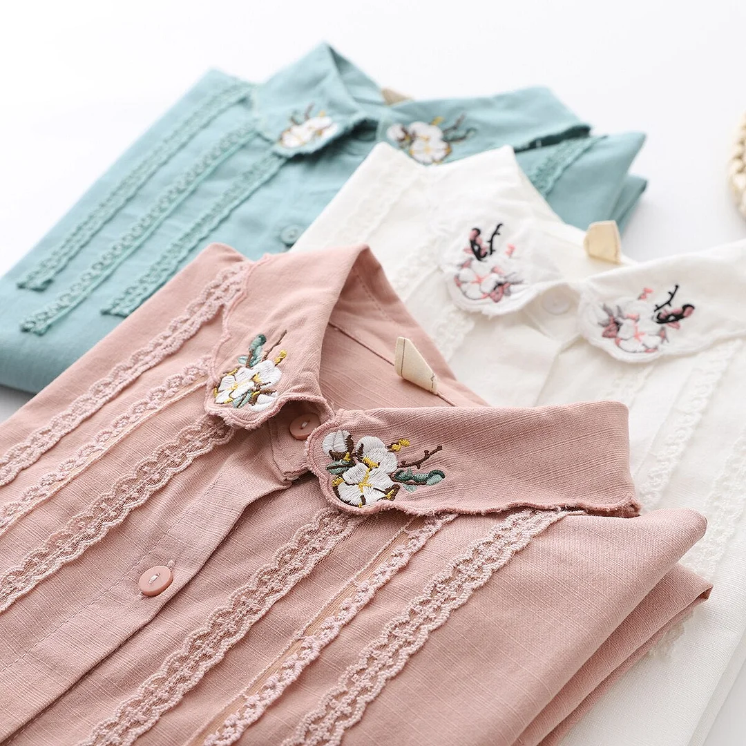 2021 New Fine Women's Tops Flowers Embroidery Shirts Woman Long Sleeve Blouse White Green Lady Loose Cotton Shirts Clothes