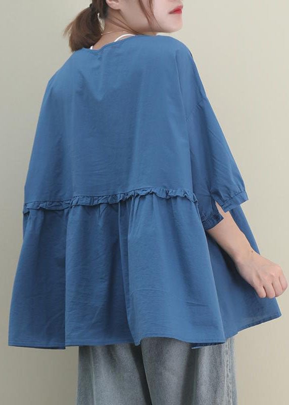 Modern Blue V Neck Ruffled Wrinkled Patchwork Fall Shirt Half Sleeve CK2526- Fabulory