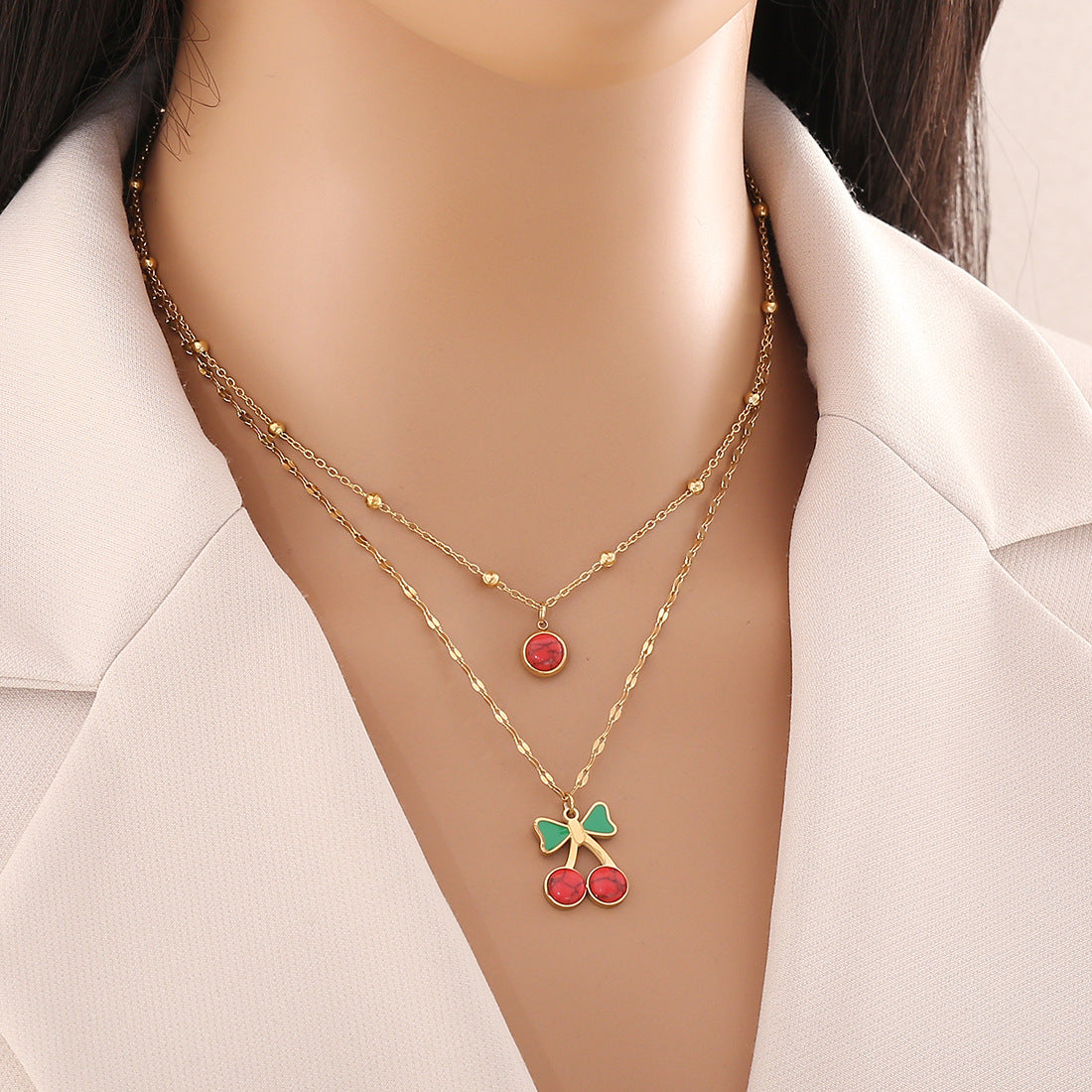 Cute Cherry Pendant Necklace Fashion Stainless Steel Double Chain N1468