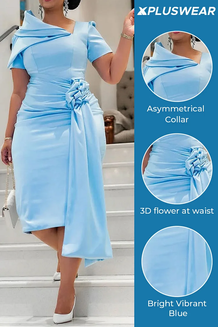 Plus Size Business Casual Light Blue Elegant Asymmetrical Collar Short Sleeve Pleated 3D Midi Dresses