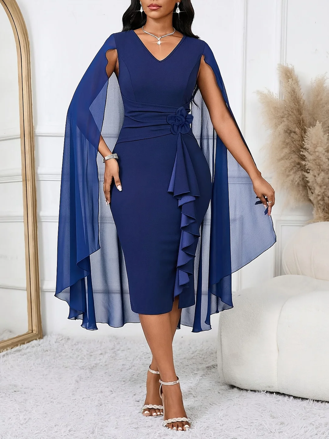 Elegant Women's Dress With A V-Neck, Chiffon Patchwork, Cape, Ruffled Hem, And Bodycon Design | IFYHOME