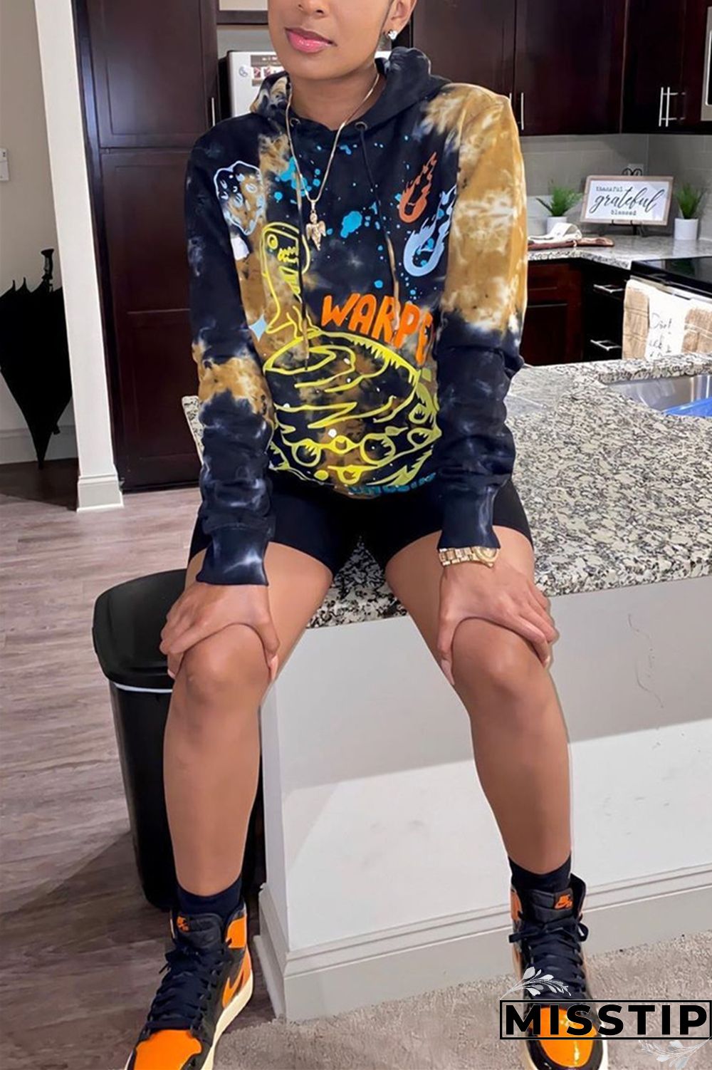 Deep Blue Fashion Casual Hooded Collar Long Sleeve Regular Sleeve Regular Print Tops