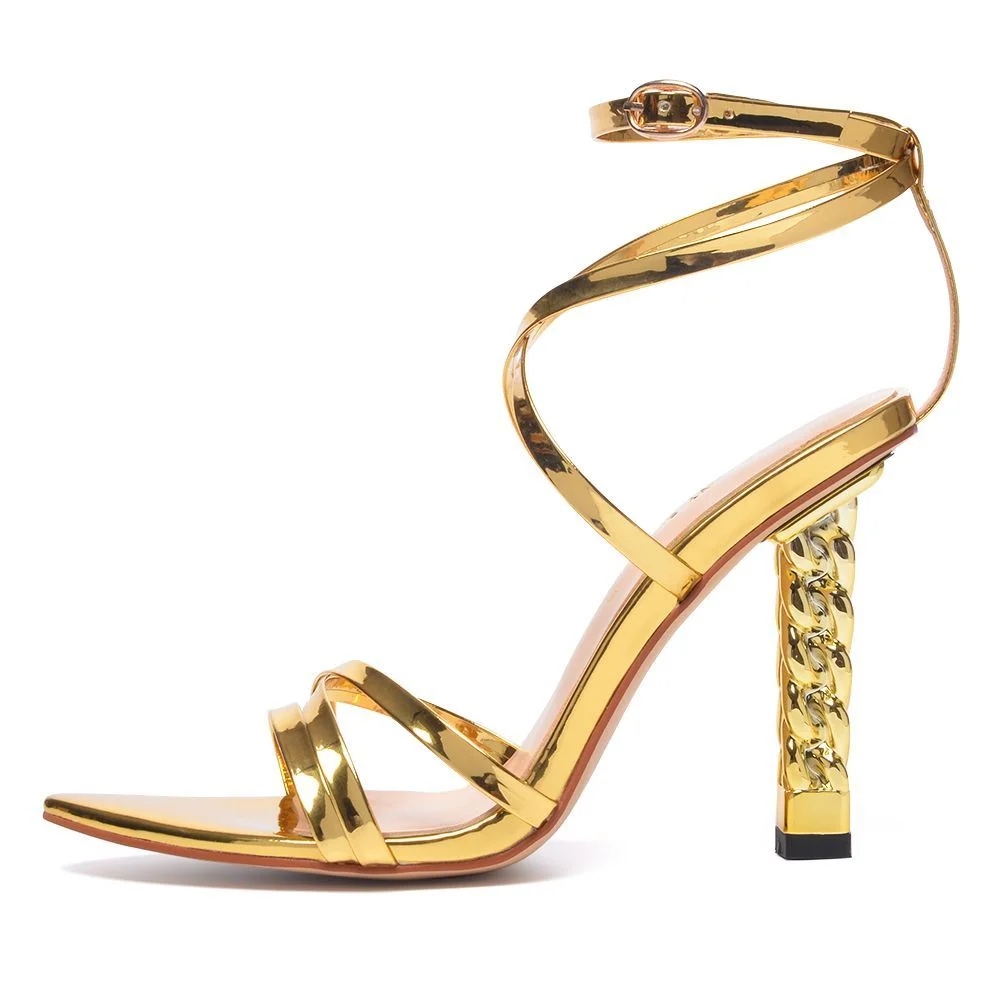 Gold Ankle Strap Sandals Decorative Heel Prom Shoes