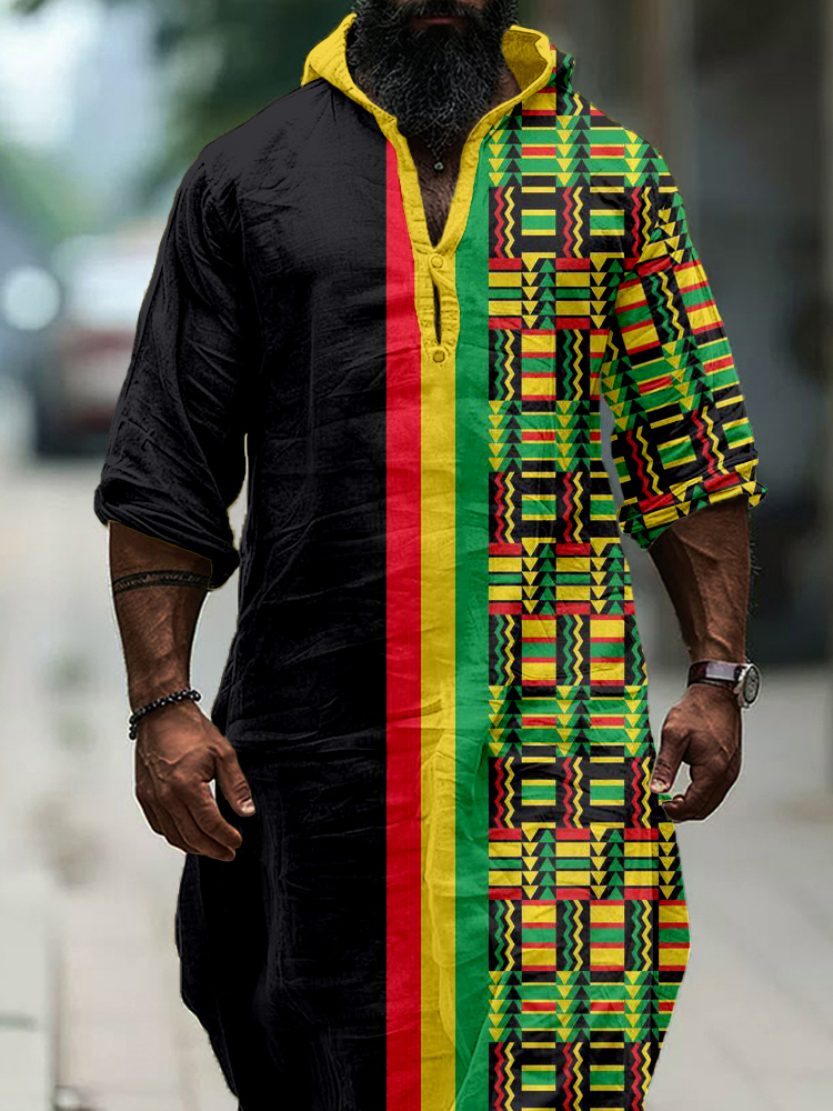 Men's Africa Ethnic Kente Graphic Linen Long Hooded Tunic