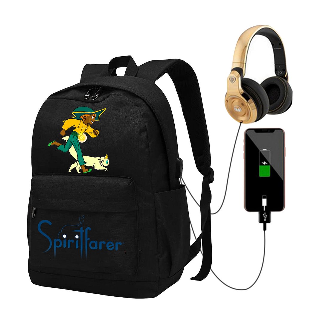 Spiritfarer Backpack with USB Charging Port Black Bag 17 inch for School