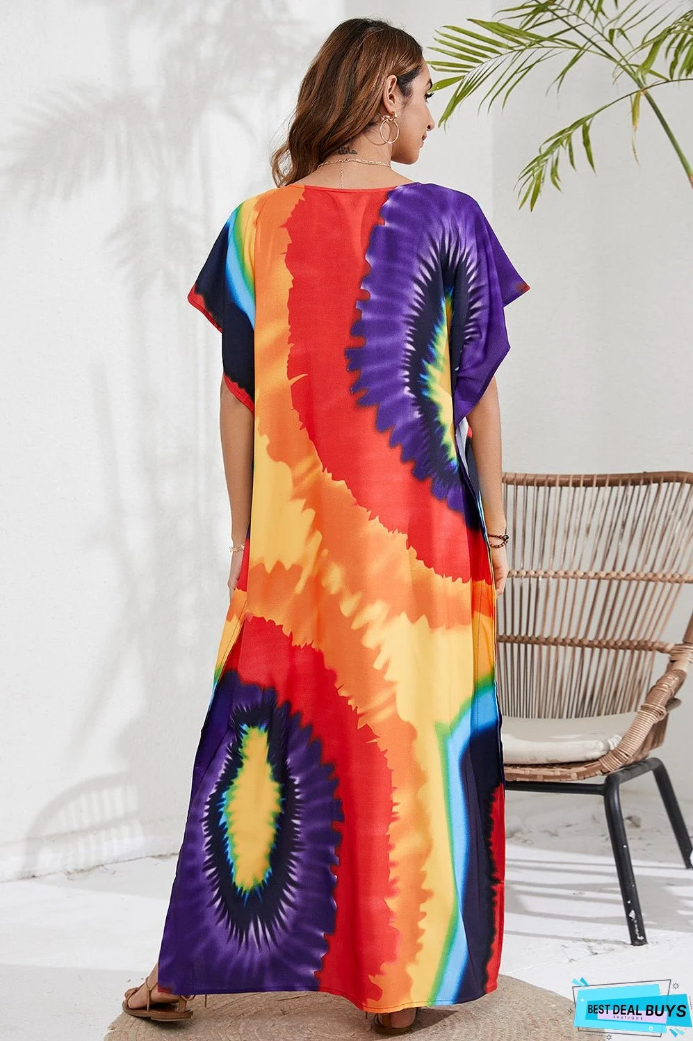 Slit Printed V-Neck Short Sleeve Cover Up