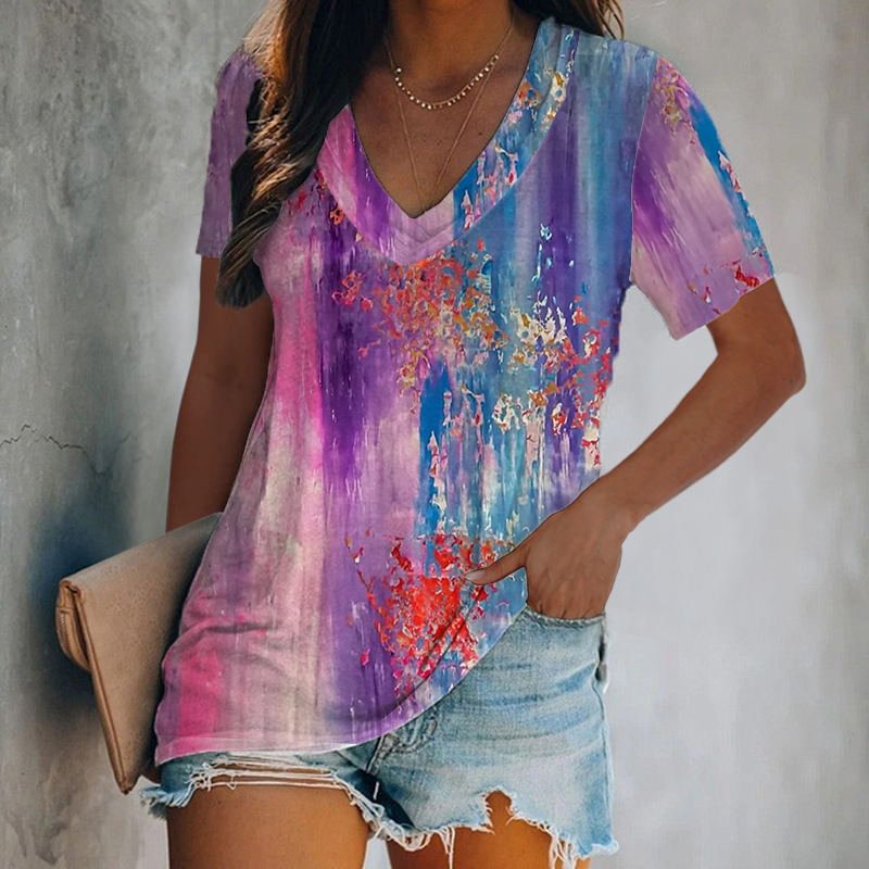 Gradient Tie-dye Printed Women's V-neck Tops