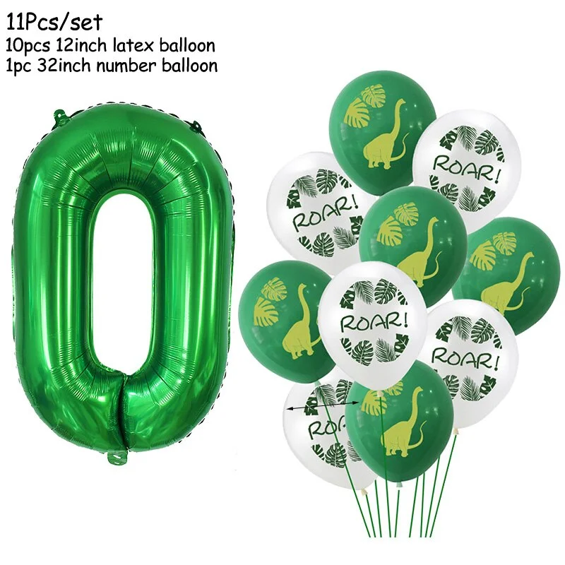 11Pcs Green Foil Number Balloons Dinosaur Latex Balloon Kids Jungle Theme Birthday Safari Forest Party Decorations Baby Shower