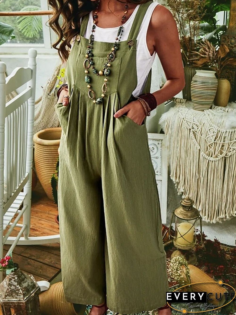 Casual Jumpsuit-Solid Color Womens Clothing Summer Solid Color Cotton Linen Pocket