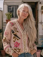 Bohemian Pink Rose Embroidered Casual V-neck Sweater