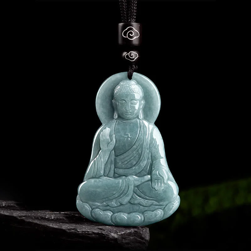 Amitabha Buddha Natural Jade Lotus Amulet Compassion String Necklace Pendant