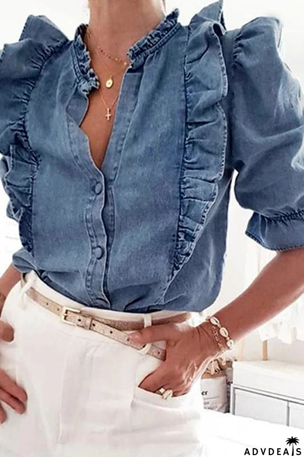 Sky Blue Ruffle Trim Half Sleeve Denim Shirt