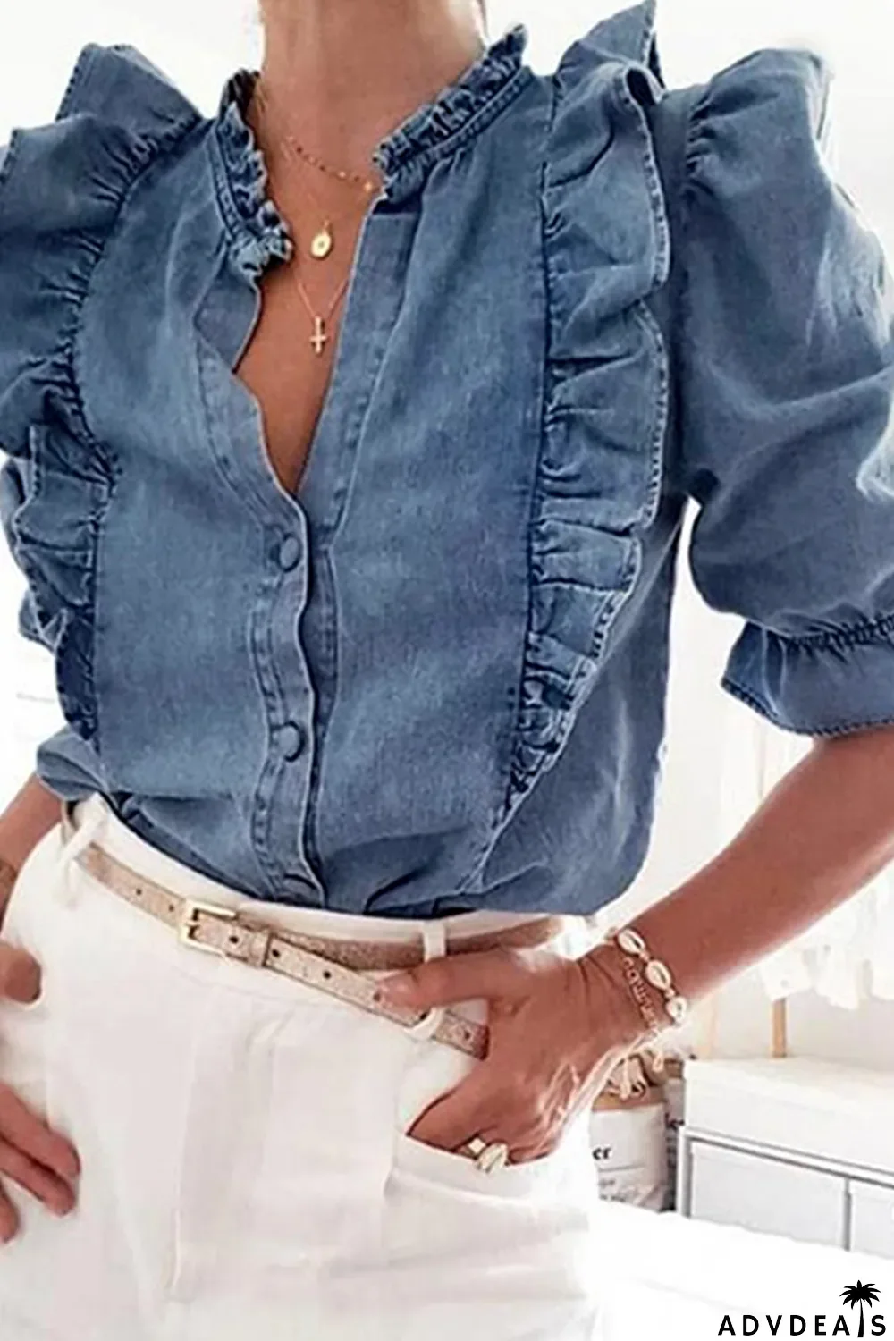 Sky Blue Ruffle Trim Half Sleeve Denim Shirt