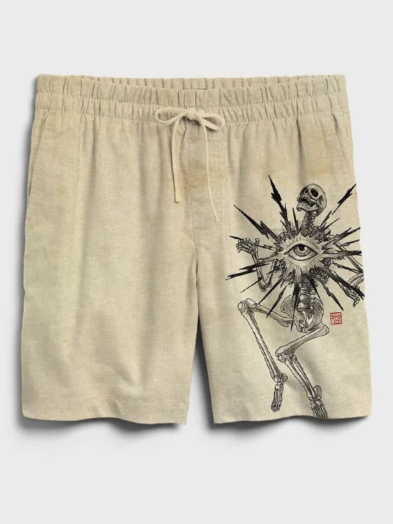 Men's Japanese Art Eye Skeleton Print Casual Shorts