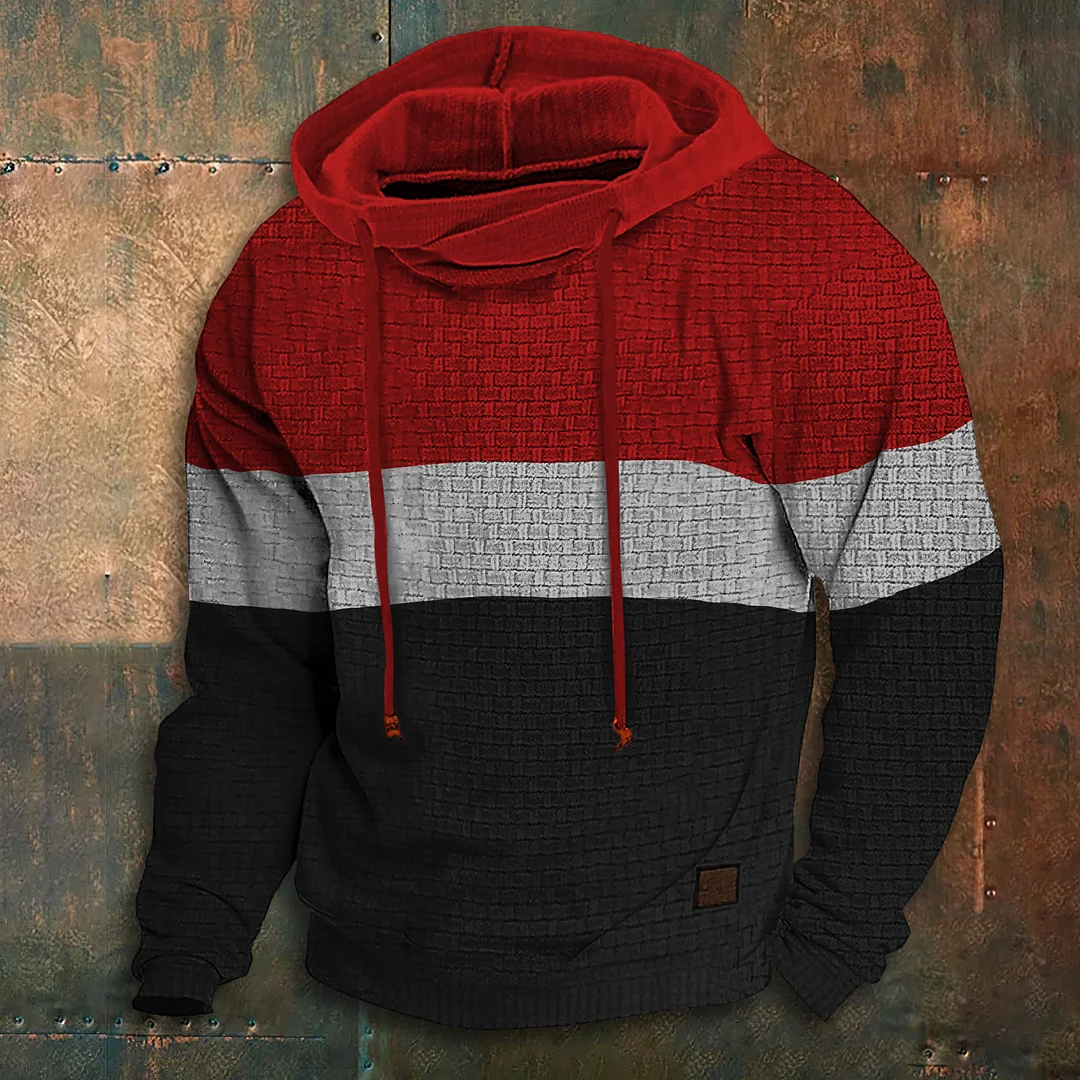 Men'S Casual Waffle Jacquard Stripe Color Block Hoodie