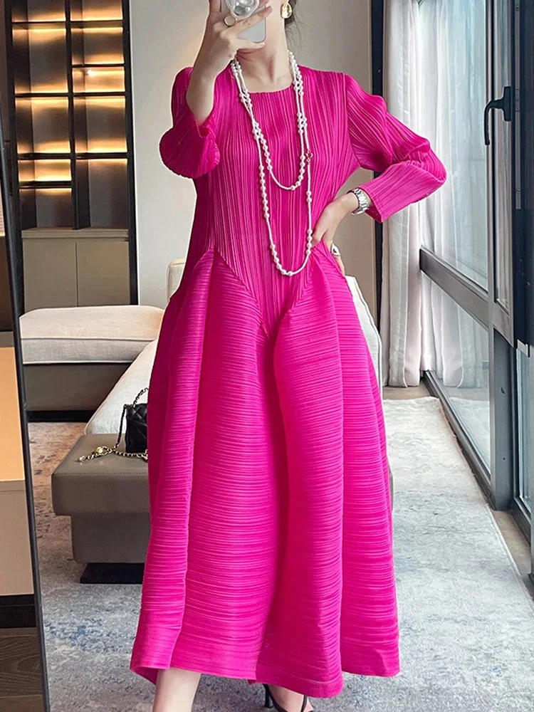 Elegant Green Patchwork Tailoring Hem Long Sleeve Pleated Dress