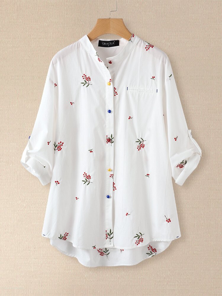 Floral Embroidery Long Sleeve Stand Collar Blouse For Women P1698682